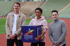 Thomas Marc Lembeck,  Malaika Mihambo, Marcel Nguyen (von li. nach re.), Pressekonferenz noch100 Tage bis zu European Championships im Olympiastadion 2022